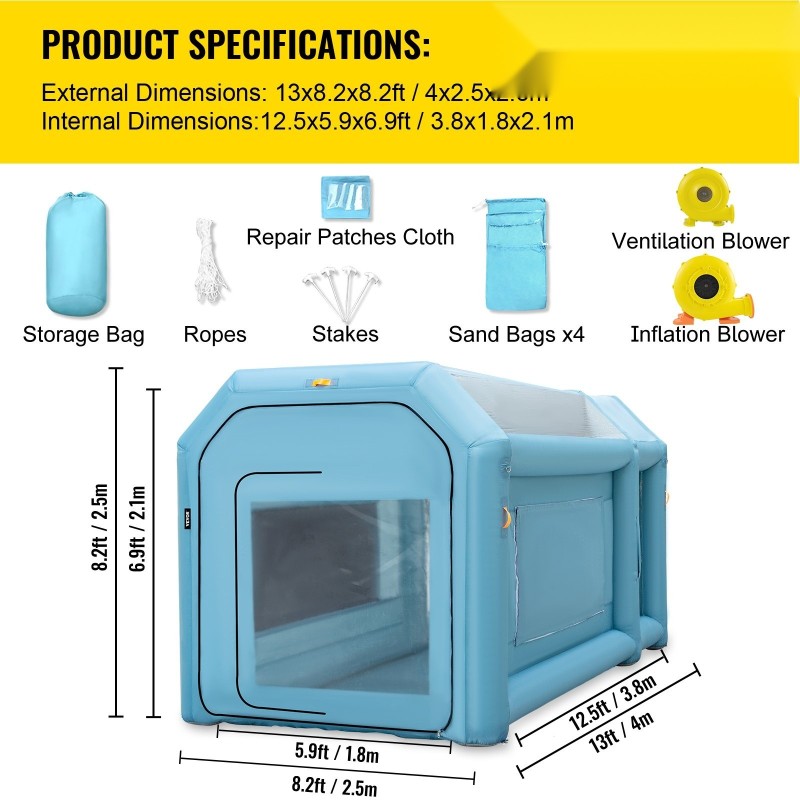 Täytettävä maalausteltta 210D oxford-kangas ja PVC 4x2.5x2.5 m kaksi puhallinta
