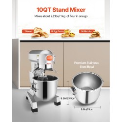 Taikinakone 10 Qt ruostumattomasta teräksestä 450W 3 nopeutta ammattikeittiöön
