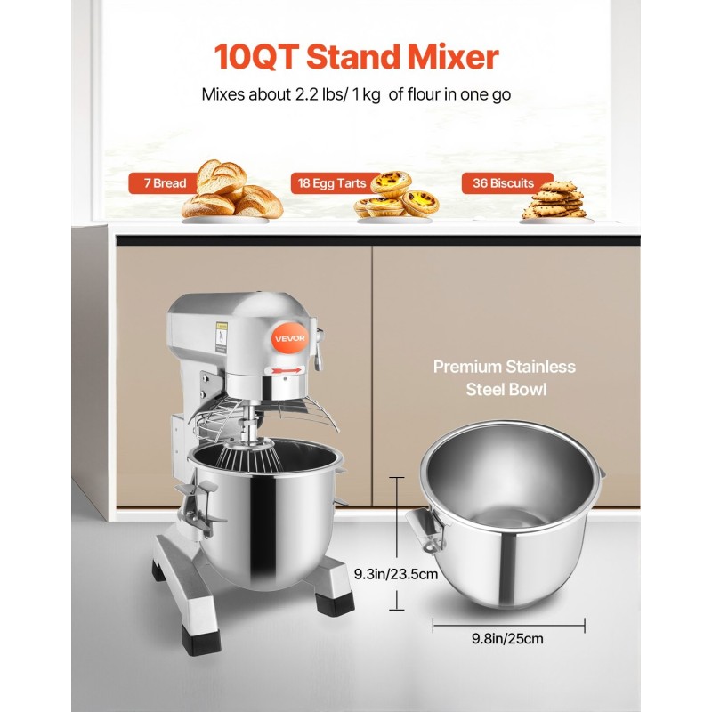 Taikinakone 10 Qt ruostumattomasta teräksestä 450W 3 nopeutta ammattikeittiöön