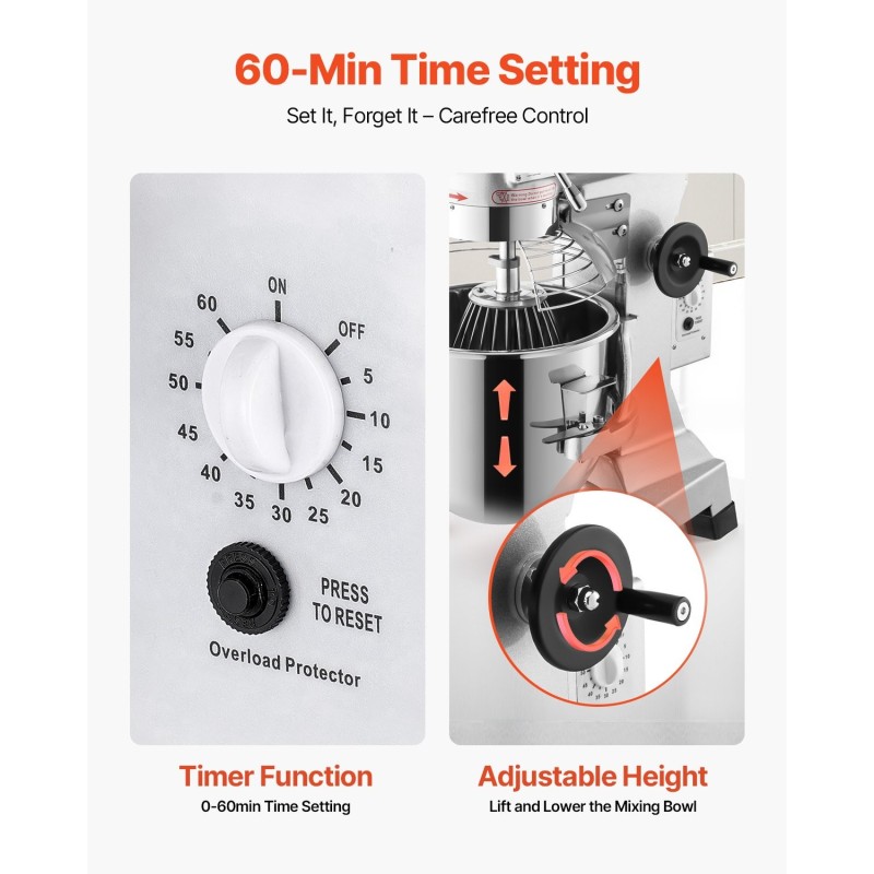 Taikinakone 10 Qt ruostumattomasta teräksestä 450W 3 nopeutta ammattikeittiöön