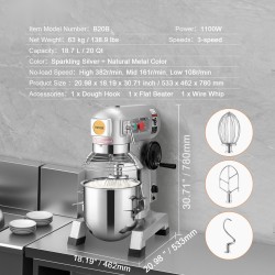 Ammattilaisen elintarvikemikseri 18,7 litran ruostumattomasta teräksestä valmistettu kulho 1100 wattia 3 nopeutta