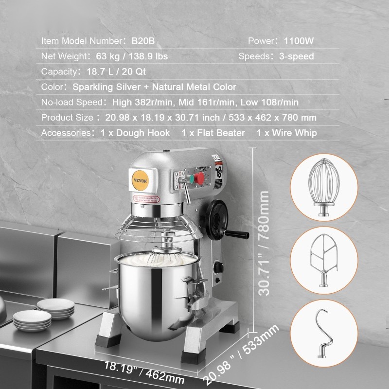 Ammattilaisen elintarvikemikseri 18,7 litran ruostumattomasta teräksestä valmistettu kulho 1100 wattia 3 nopeutta