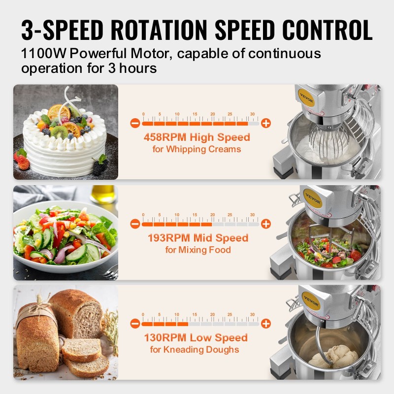Taikinakone 28,5 litraa 1100 wattinen kolmiportainen ruostumaton teräskulho kolme sekoituslisäosaa