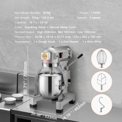 Kaupallinen taikinakone 18,7 litran ruostumaton kulho 1100 watin moottori 3 nopeutta ravintolakäyttöön