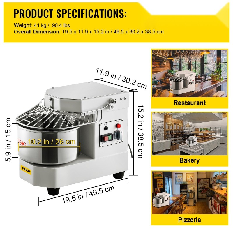 Spiraalitaikinakone 8 litran ruostumaton teräskulho 550 watin ajastin ammattikäyttöön