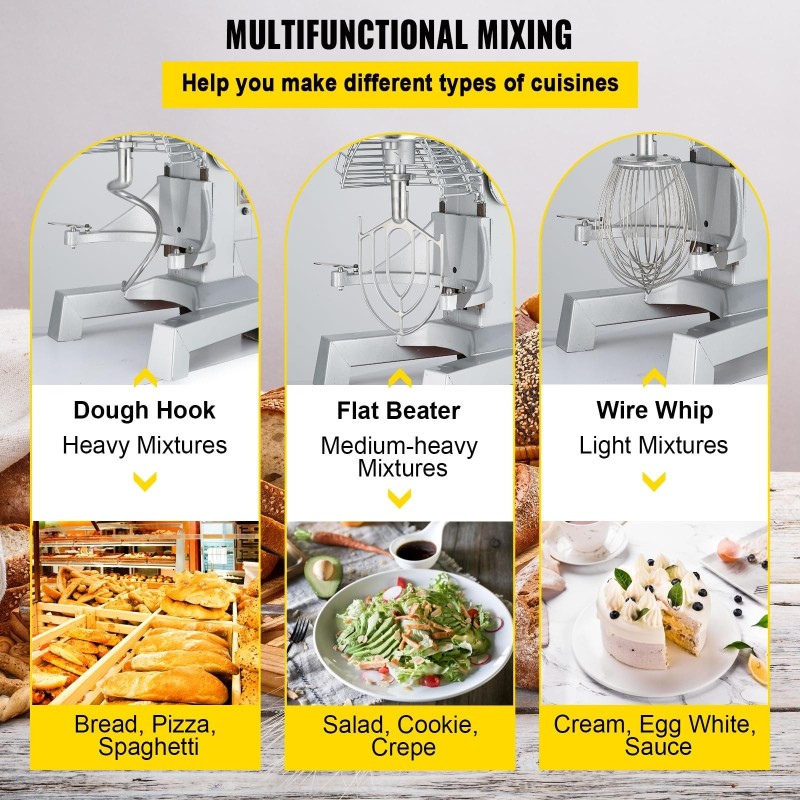 Teollinen yleiskone 15 Qt kulho 600 W ruostumattomilla osilla 3 nopeutta