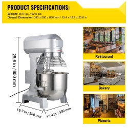 Teollinen yleiskone 15 Qt kulho 600 W ruostumattomilla osilla 3 nopeutta