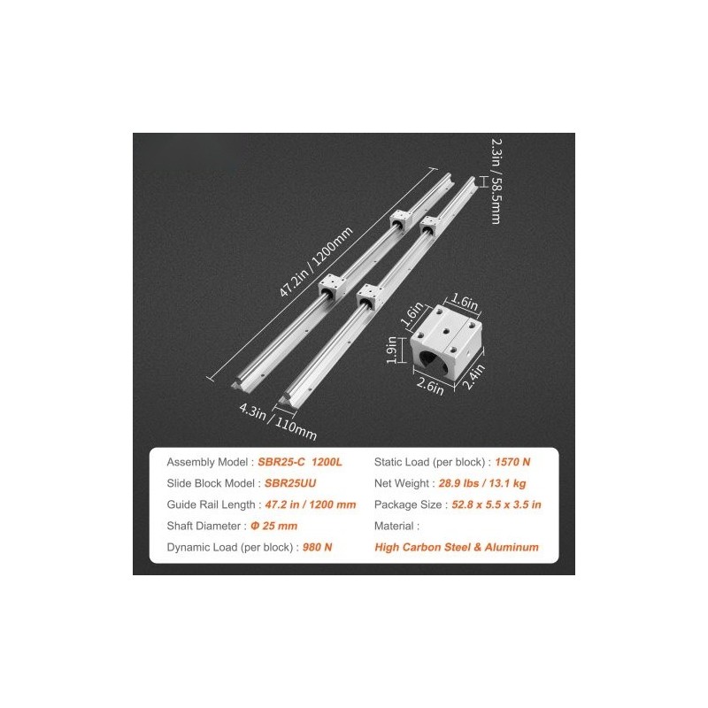 Lineaarikiskosarja SBR25 2 kpl 1200 mm ohjainkiskoja 4 kpl SBR25UU liukupalikoita