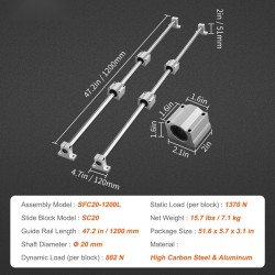 Lineaarikiskosarja SFC20 2 kiskoa 1200 mm alumiinikiskot 4 SC20 liukupalikkaa