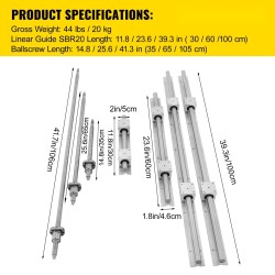 Lineaarikiskopaketti SBR20 teräs 6kpl 300 600 1000 mm ja 3 RM1605 kuularuuvia