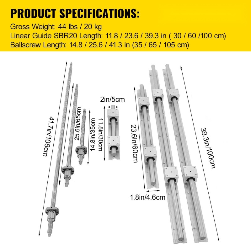 Lineaarikiskopaketti SBR20 teräs 6kpl 300 600 1000 mm ja 3 RM1605 kuularuuvia