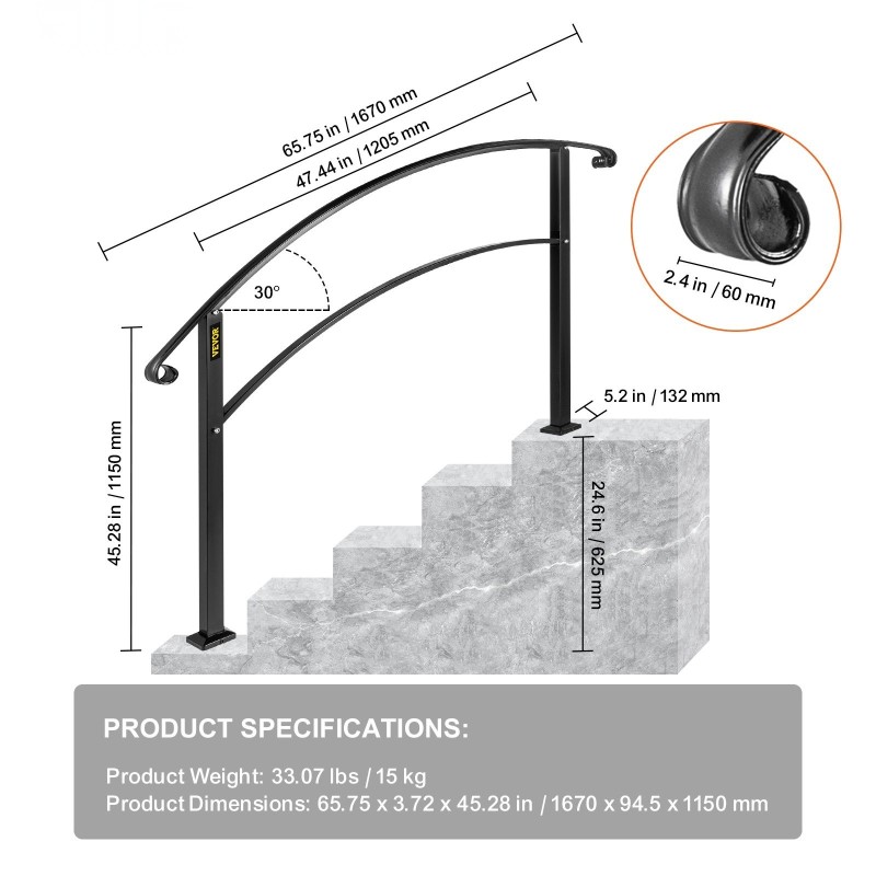Käsijohde taotusta raudasta 1–5 portaalle ulkokäyttöön musta säädettävä korkeus ja kulma