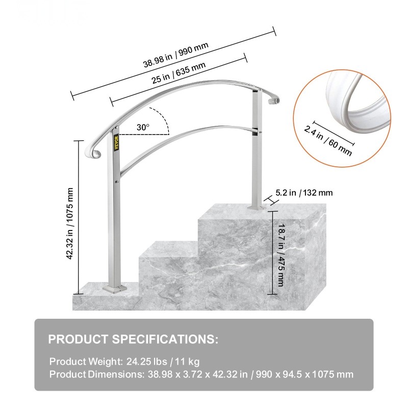 Kaide taottua rautaa ulkoportaisiin kolmelle askeleelle valkoinen säädettävä