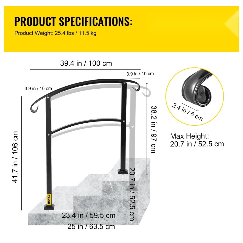Takorautainen kaide ulkoportaille 3 portaalle mattamusta asennussarjalla