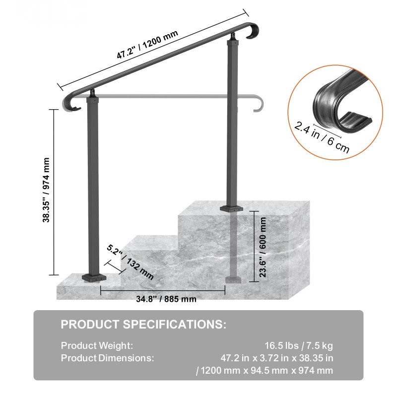 Taottu rautakaide ulkokäyttöön sopii 2–3 askelmalle musta säädettävä korkeus ja kulma