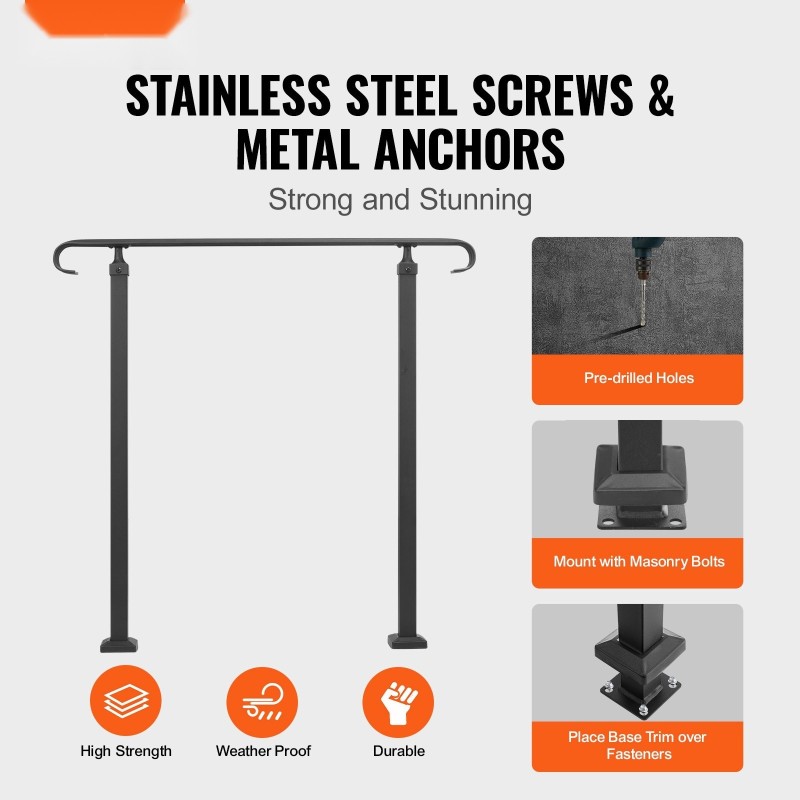Portaiden kaide hiiliterästä 1–3 portaille säädettävä musta asennussarja mukana