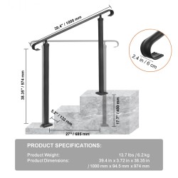 Portaiden kaide hiiliterästä 1–3 portaille säädettävä musta asennussarja mukana