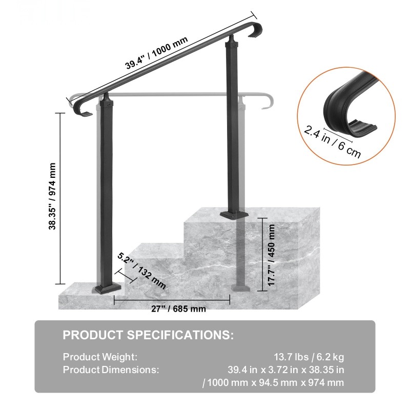 Portaiden kaide hiiliterästä 1–3 portaille säädettävä musta asennussarja mukana