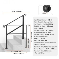 Hiiliteräskaide 2–3 portaisiin ulkokäyttöön ja sisäkäyttöön 1016 mm säädettävä kulma 0–35 astetta