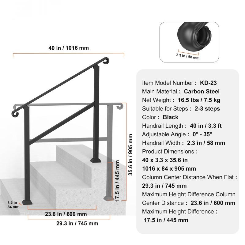 Hiiliteräskaide 2–3 portaisiin ulkokäyttöön ja sisäkäyttöön 1016 mm säädettävä kulma 0–35 astetta