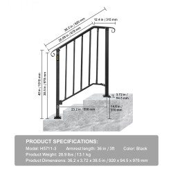 Ulkoportaiden kaide taottua rautaa pulverimaalattu musta säädettävä sopii 2–3 portaalle