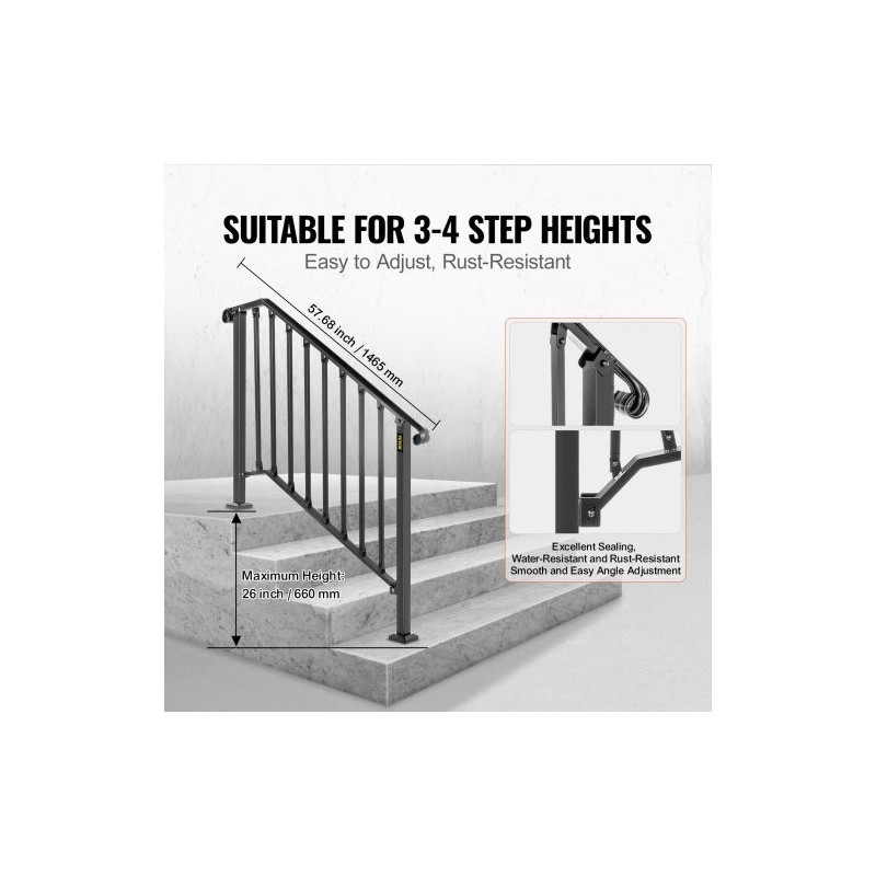 Taottu rautakaide säädettävä 3–4 portaalle mattamusta ulkokäyttöön