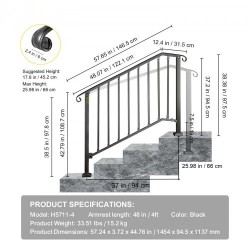 Taottu rautakaide säädettävä 3–4 portaalle mattamusta ulkokäyttöön