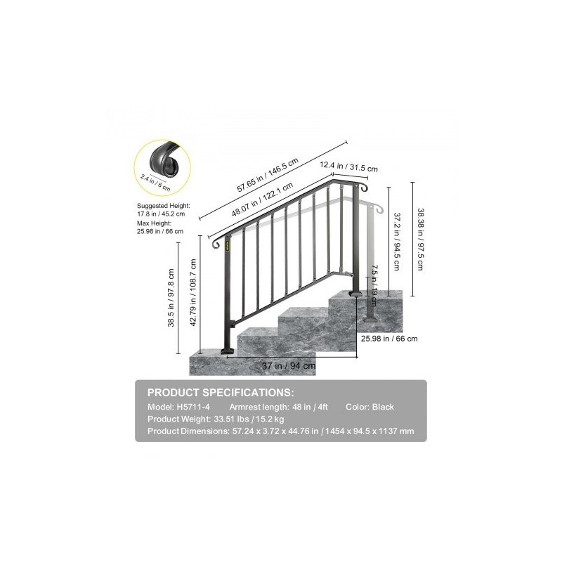 Taottu rautakaide säädettävä 3–4 portaalle mattamusta ulkokäyttöön