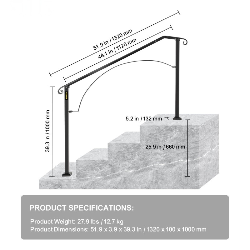 Ulkoportaiden kaide taotusta raudasta säädettävä 3 tai 4 askelmalle musta