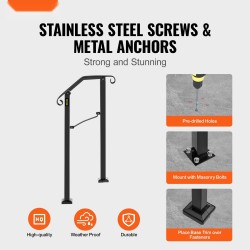 Ulkokaide taotusta raudasta musta säädettävä 1–2 portaaseen