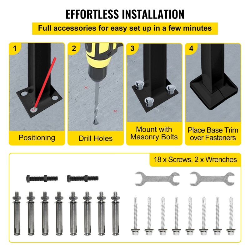 Taottu rautakaide musta säädettävällä korkeudella sopii yhdelle portaalle asennussarja mukana