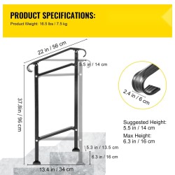 Taottu rautakaide musta säädettävällä korkeudella sopii yhdelle portaalle asennussarja mukana