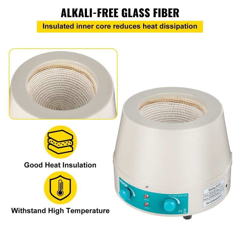 Lämmitysmantteli magneettisekoittimella 500 ml 500 W teräskuori lasikuituinen sisäosa