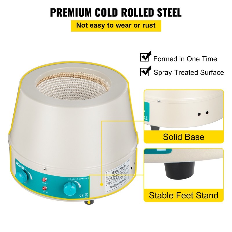 Lämmitysmantteli magneettisekoittimella 500 ml 500 W teräskuori lasikuituinen sisäosa