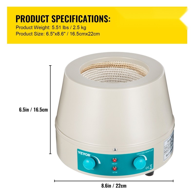 Lämmitysmantteli magneettisekoittimella 500 ml 500 W teräskuori lasikuituinen sisäosa