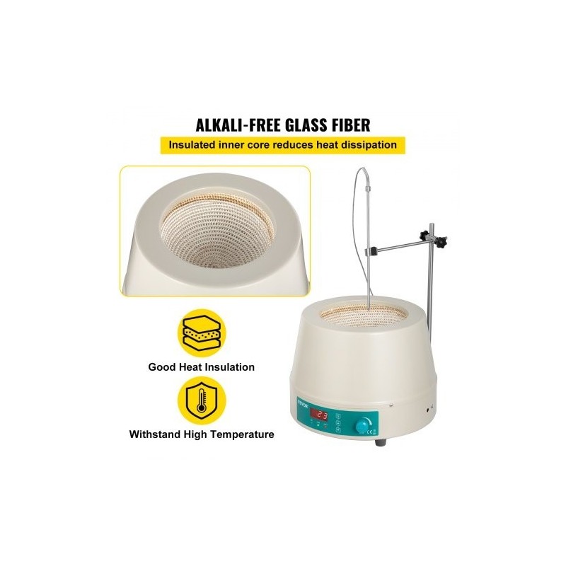 Lämmityskuori magneettisekoittimella 2000 ml pyöreäpohjaisille keittopulloille digitaalinen lämpötilansäätö 600 watin teho