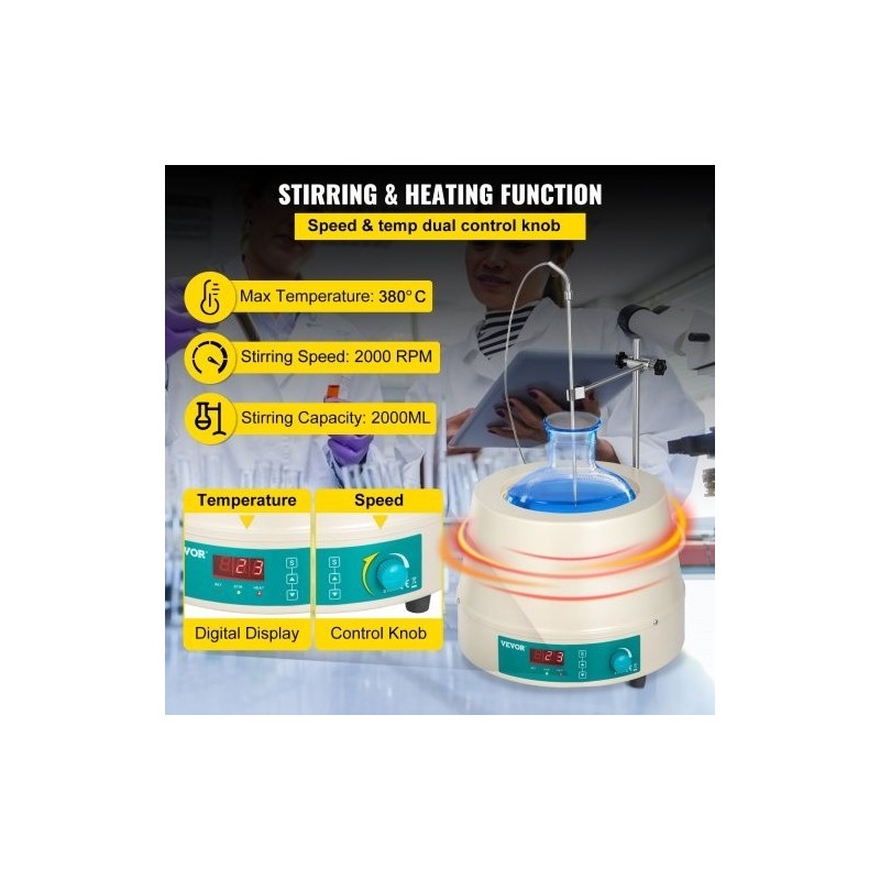 Lämmityskuori magneettisekoittimella 2000 ml pyöreäpohjaisille keittopulloille digitaalinen lämpötilansäätö 600 watin teho