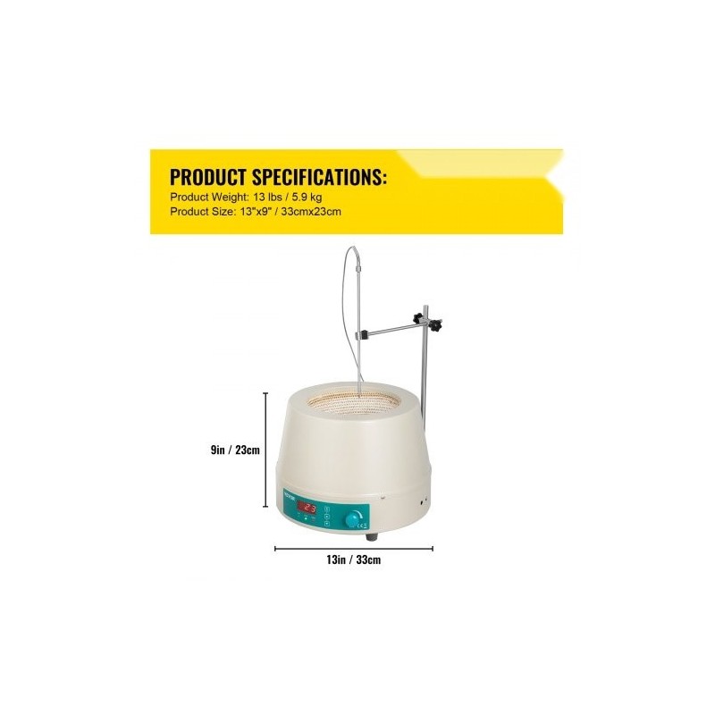 Lämmityskuori magneettisekoittimella 2000 ml pyöreäpohjaisille keittopulloille digitaalinen lämpötilansäätö 600 watin teho