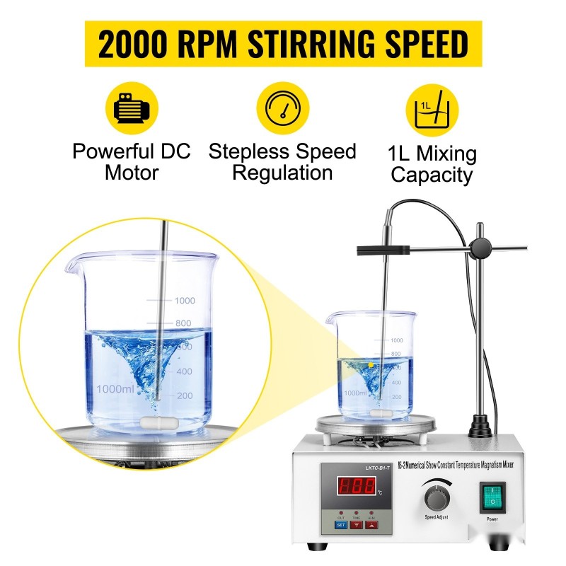Magneettisekoittaja lämpölevyllä ruostumatonta terästä 1000 ml 2000 kierrosta minuutissa digitaalinen näyttö