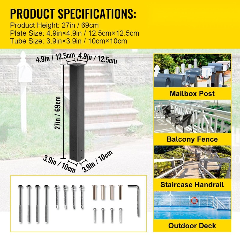 Postilaatikkotolppa Q235-teräs 109,5 cm korkea musta pulverimaalattu sisältää kiinnitystarvikkeet