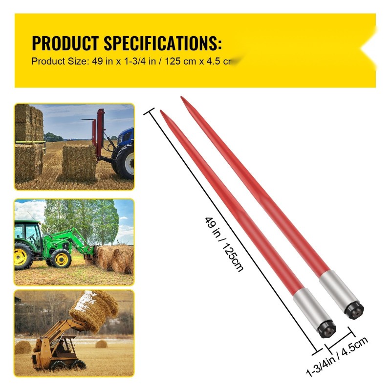 Pyöröpaalin piikit jousiteräs 125 cm pari 2041 kg kantavuus traktoreihin ja kuormaajiin