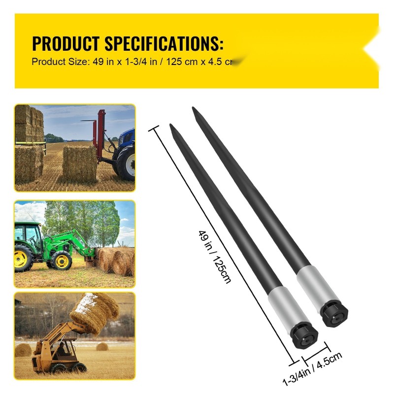 Pyöröpaalin 49 tuuman jousiteräksiset piikit kaksi kappaletta mustat 1814 kilogramman kantavuus