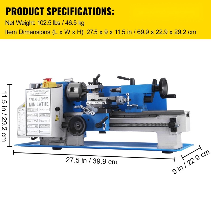 Pöytämallinen metallisorvi 7 x 12 tuumaa valurautarakenne 400 wattia 3-leukaistukka