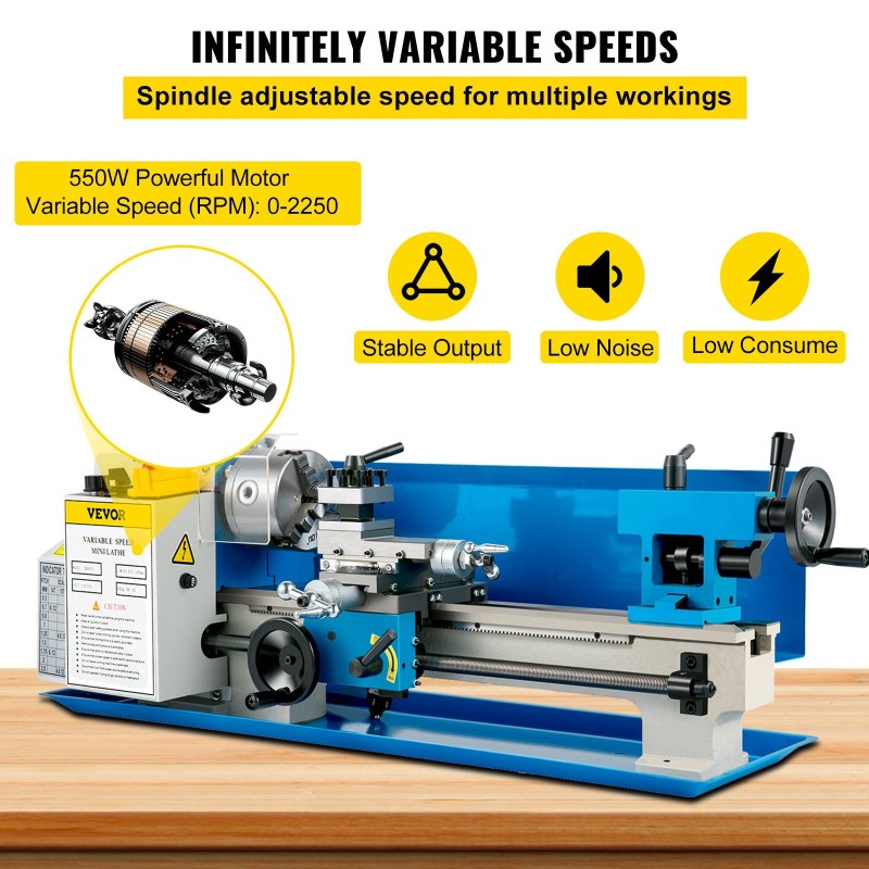 Pöytäsorvi 7x14 tuumainen valurautarunko 550W 0–2250 RPM 3-leukainen istukka