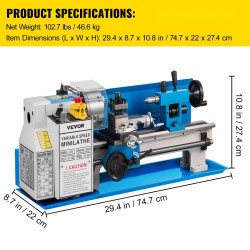 Pöytäsorvi 7x14 tuumainen valurautarunko 550W 0–2250 RPM 3-leukainen istukka