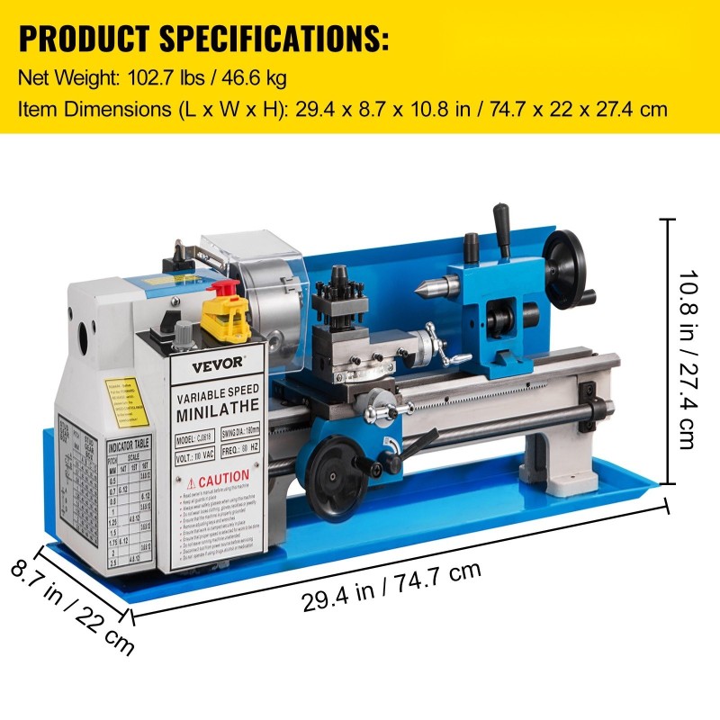 Pöytäsorvi 7x14 tuumainen valurautarunko 550W 0–2250 RPM 3-leukainen istukka