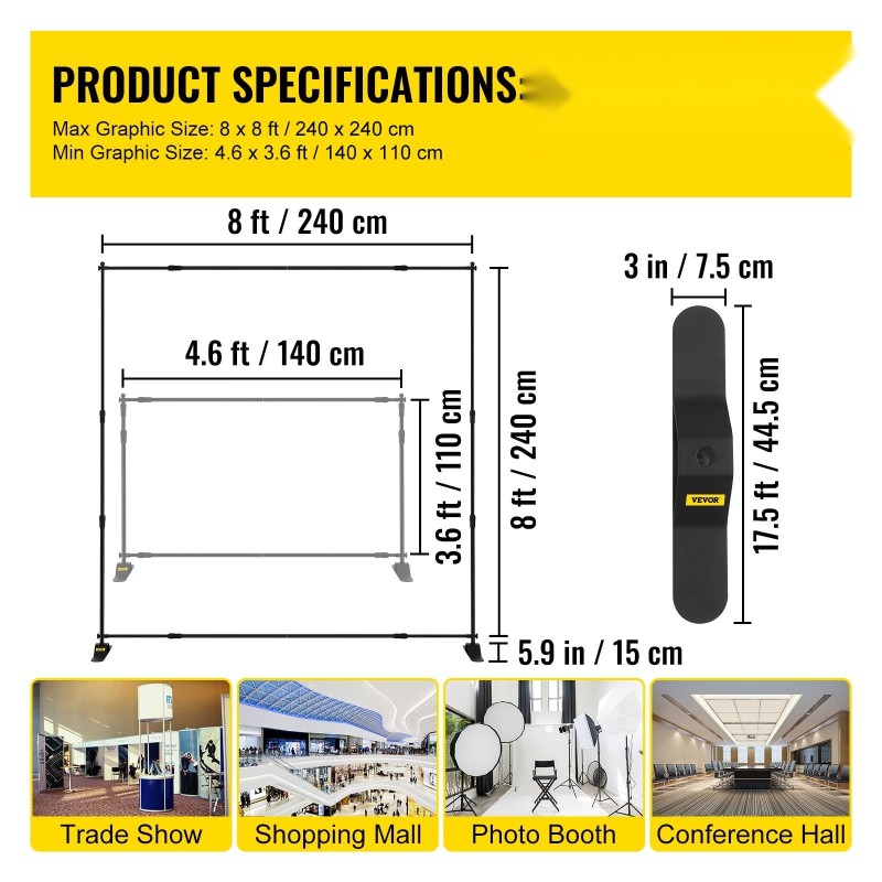Taustaseinän banneriteline alumiinirunko säädettävä leveys 140–240 cm korkeus 110–240 cm kevyt kuljetuslaukku