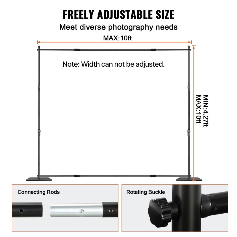 Taustatelinpakkaus hiiliteräspohjalla 10x10 jalkaa säädettävä korkeus 6 puristinta kantolaukku