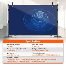 Taustatelinpakkaus hiiliteräspohjalla 10x10 jalkaa säädettävä korkeus 6 puristinta kantolaukku