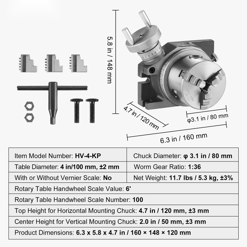 Pyöröpöytä jyrsinkoneelle 100 mm HT250 valurauta 3-leukainen 80 mm istukka